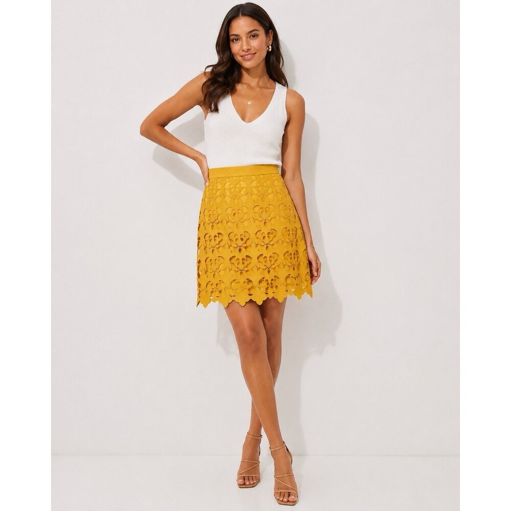 LOFT Sunny Days Lace Embroidered Cutout A-Line Skirt Mustard Yellow 8 Lined